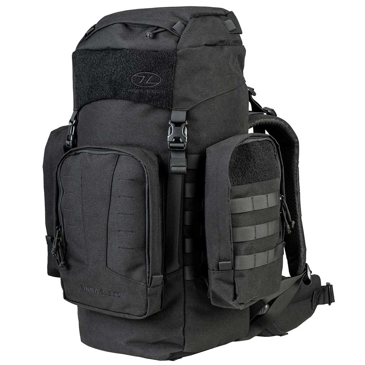 angled front view molle highlander pinnacle rucksack 50l black