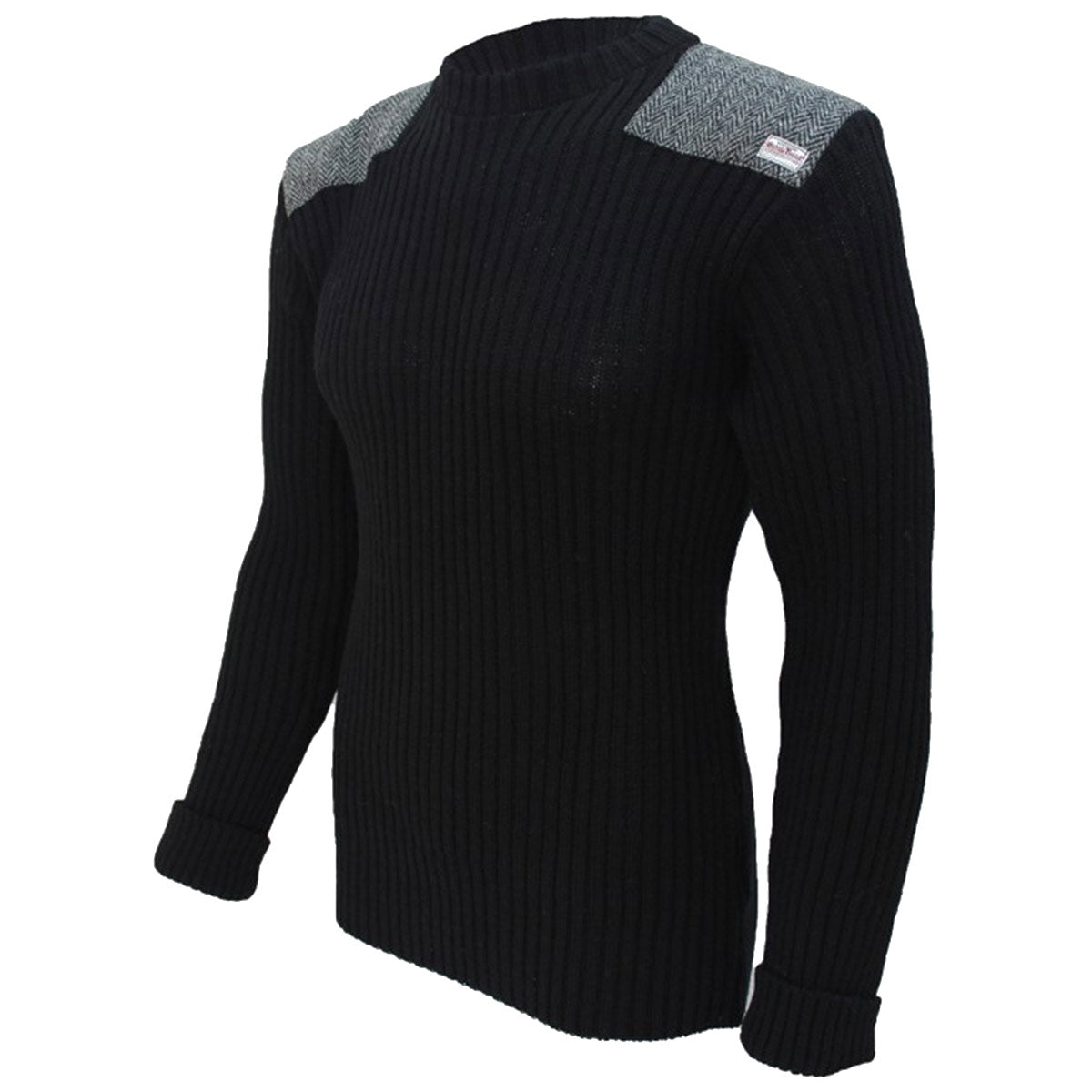 angled view of forrester crew neck sweater with harris tweed patches black