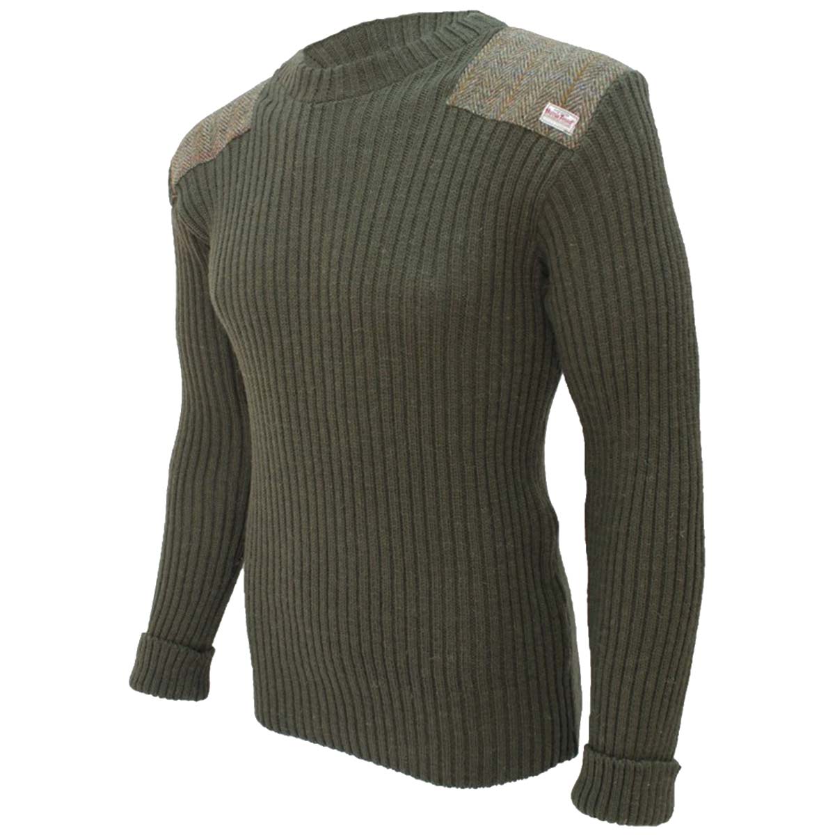 angled view of forrester crew neck woolly pully sweater with harris tweed patches olive