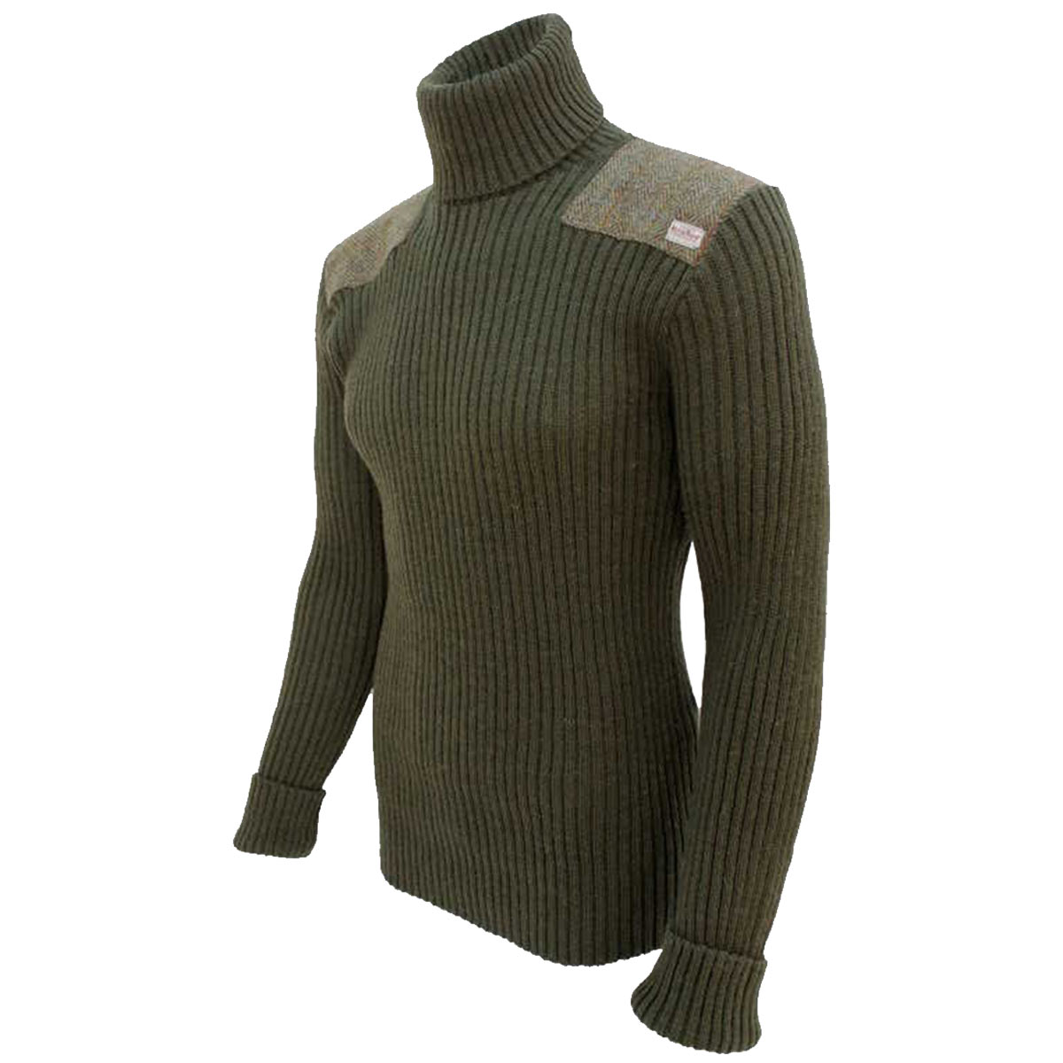angled view of ghillie roll neck woolly pully sweater with harris tweed patches olive