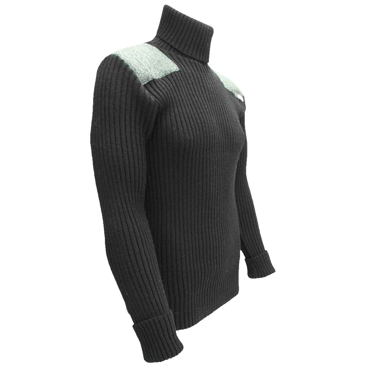 angled view of ghillie roll neck woolly pully sweater with harris tweed patches