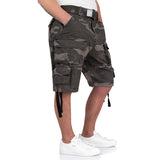 cargo pockets and drawstring on black camo surplus division shorts