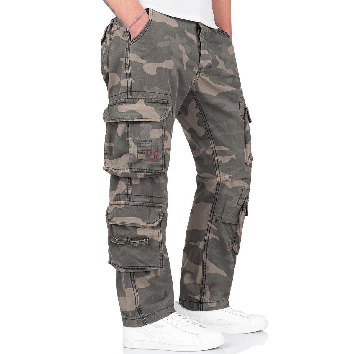 cargo pockets of black camo surplus airborne vintage slimmy trousers