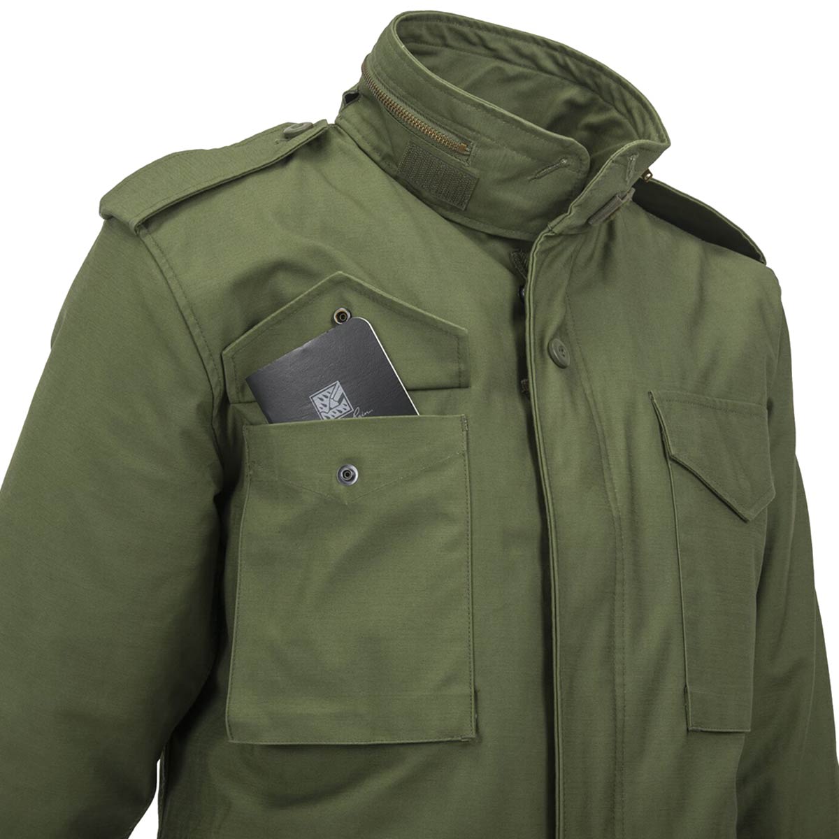 chest pockets of olive nyco sateen helikon m65 jacket