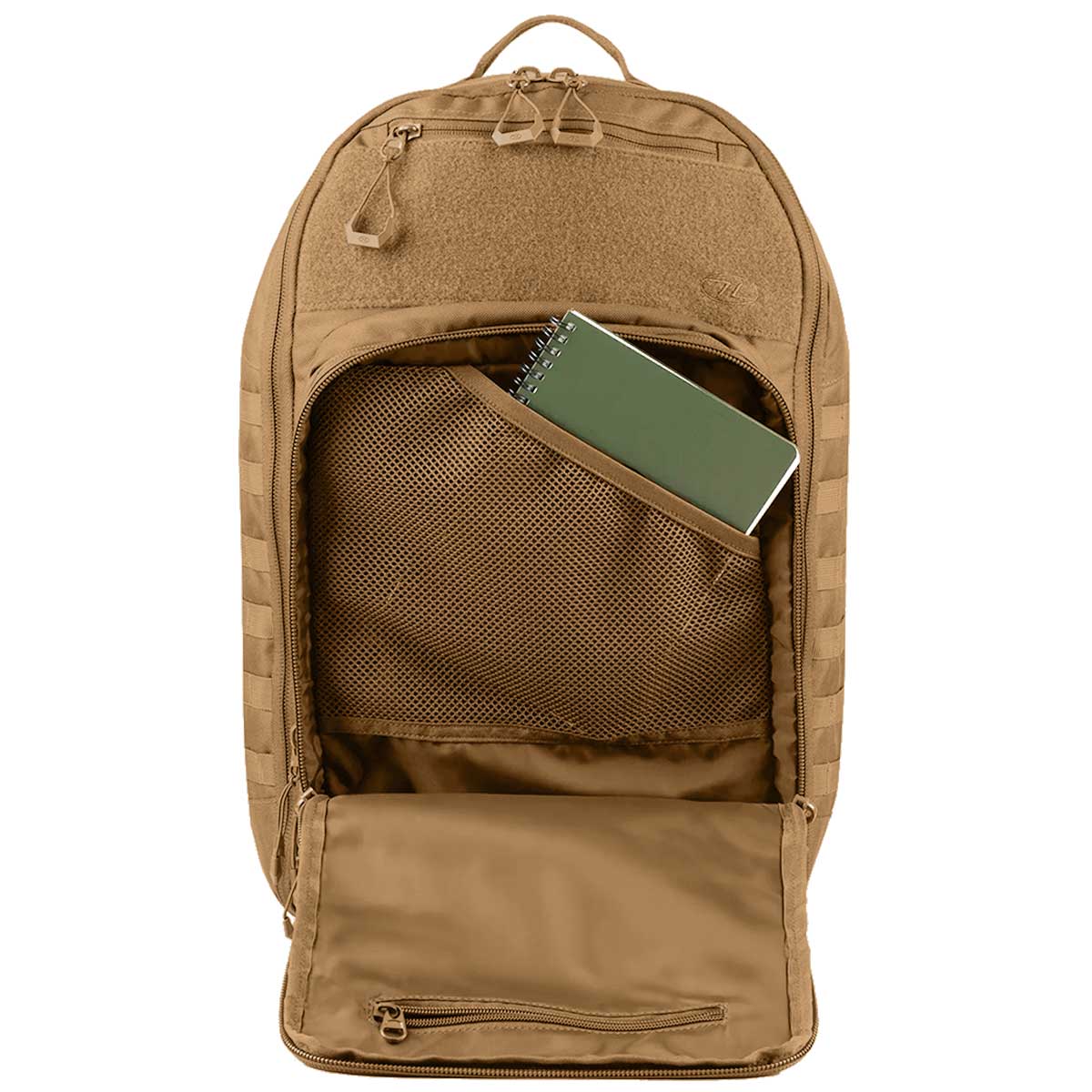 coyote tan highlander 45l harrier full clamshell pack with inner pocket and sleeve