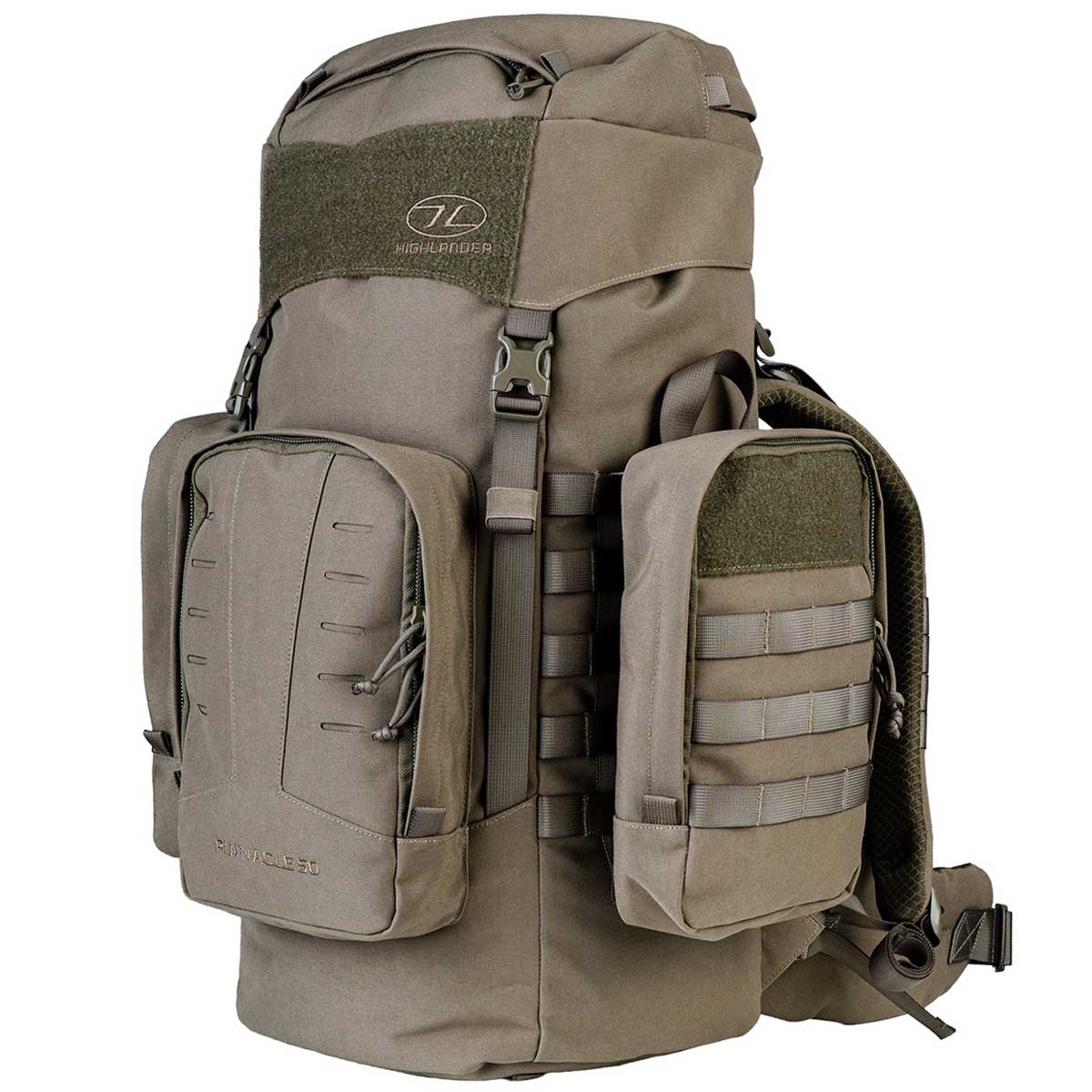 detachable side pocket pouches on the 50l ranger green highlander pinnacle rucksack