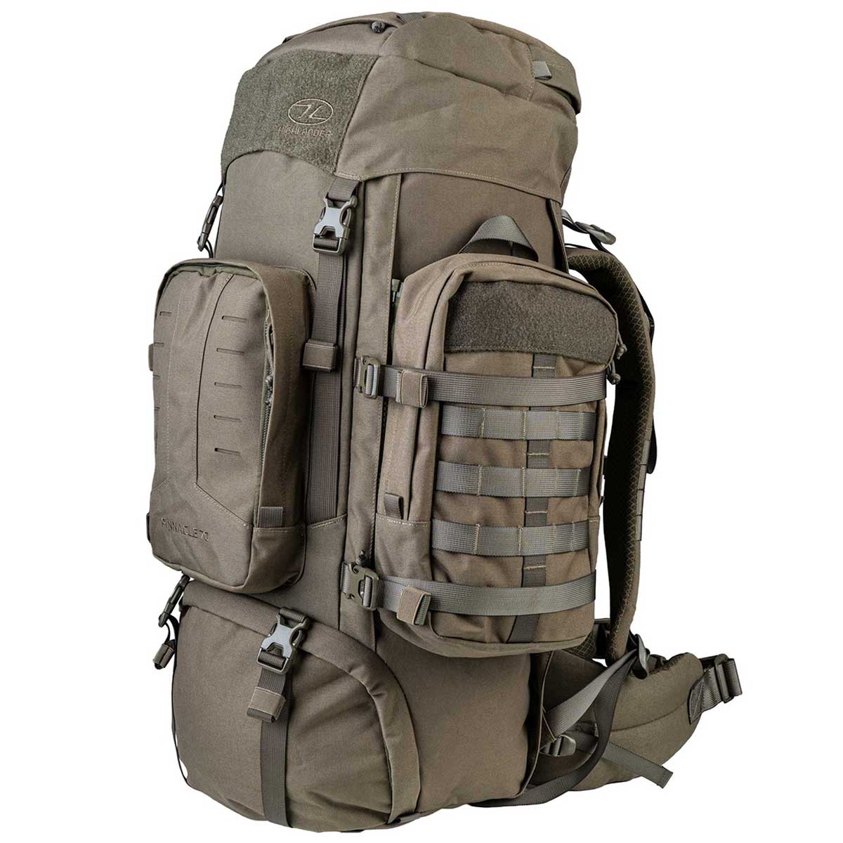 detachable side pocket pouches on the 70l ranger green highlander pinnacle rucksack