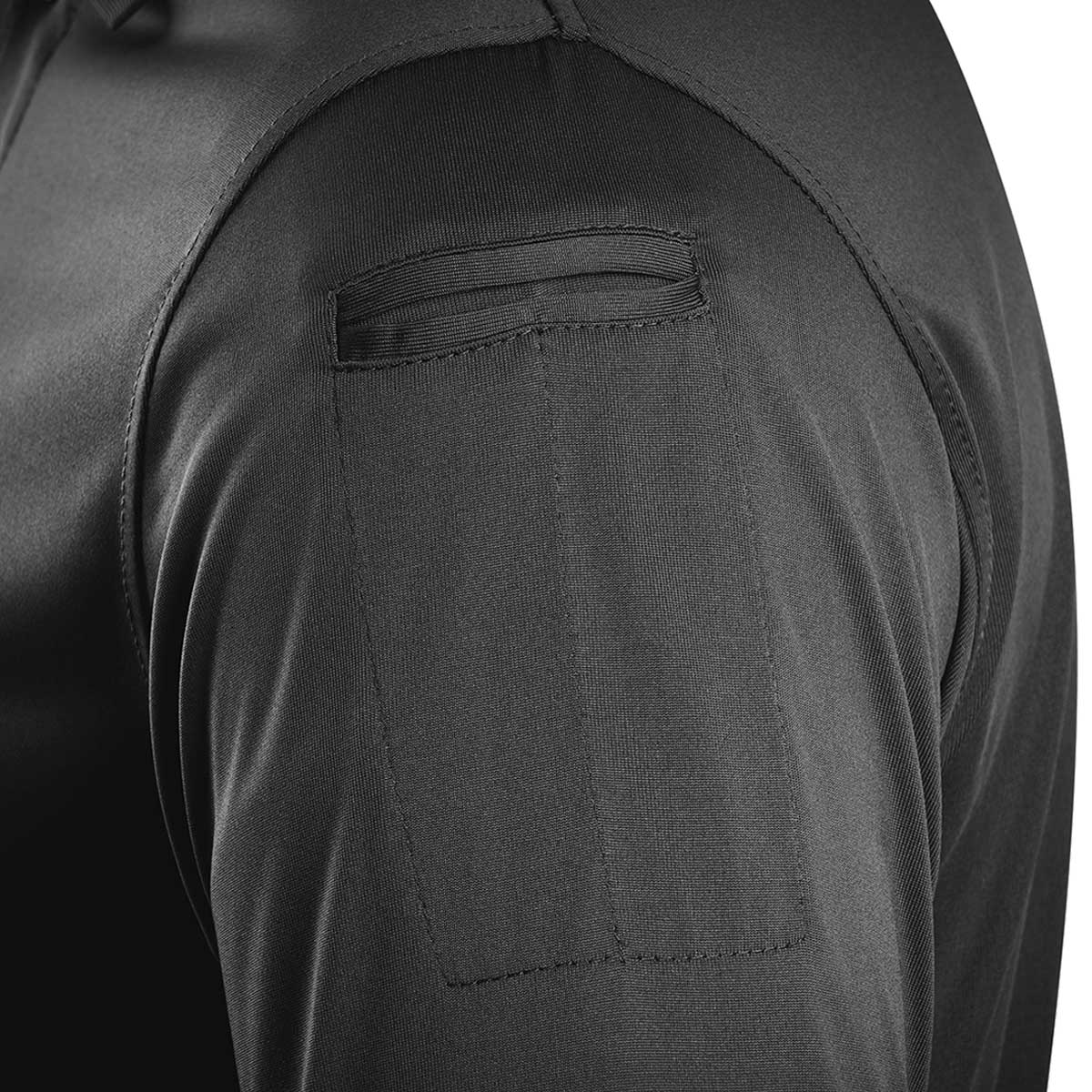 dual pen pocket on stoirm dark grey performance tactical polo shirt