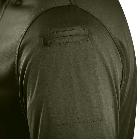 dual pen pocket on stoirm olive green performance tactical polo shirt
