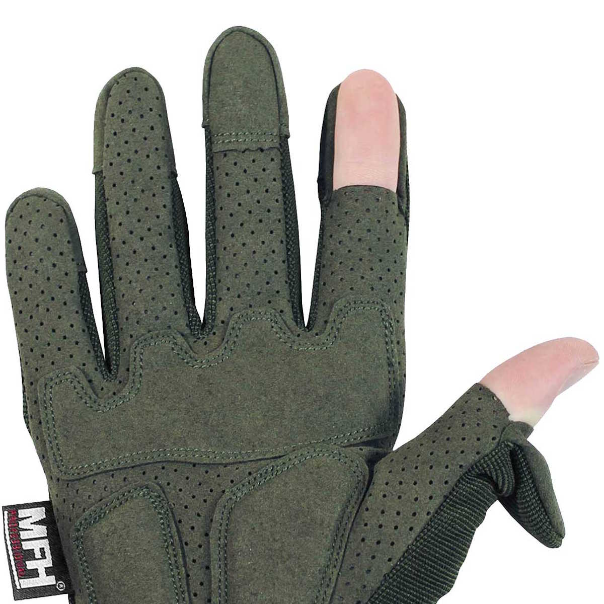 fold down index finger thumb on olive mfh action tactical gloves