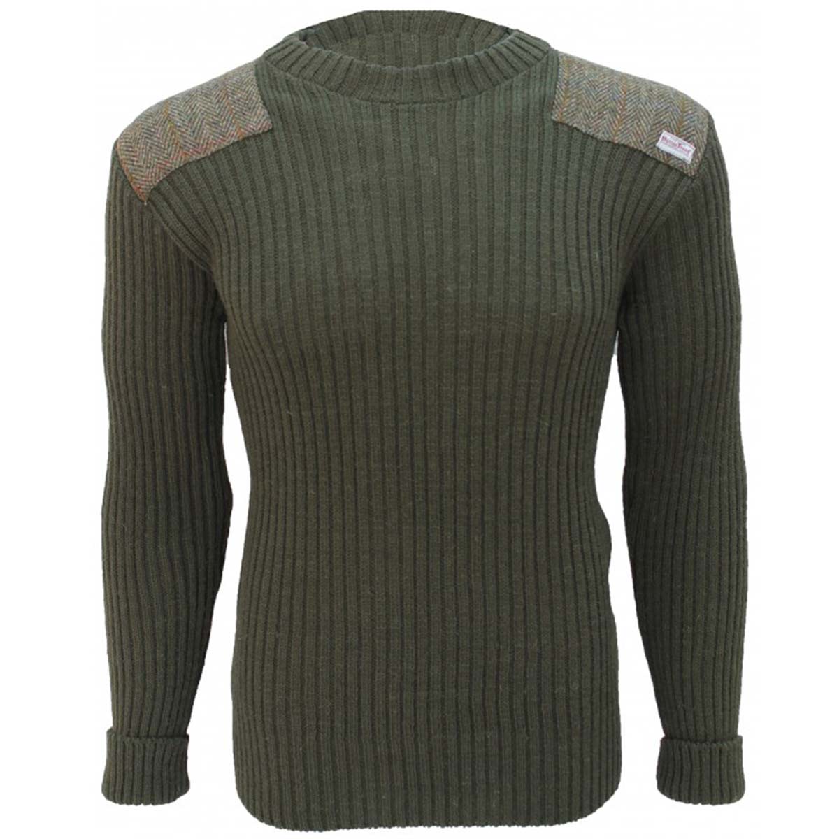 forrester crew neck woolly pully jumper with harris tweed patches olive