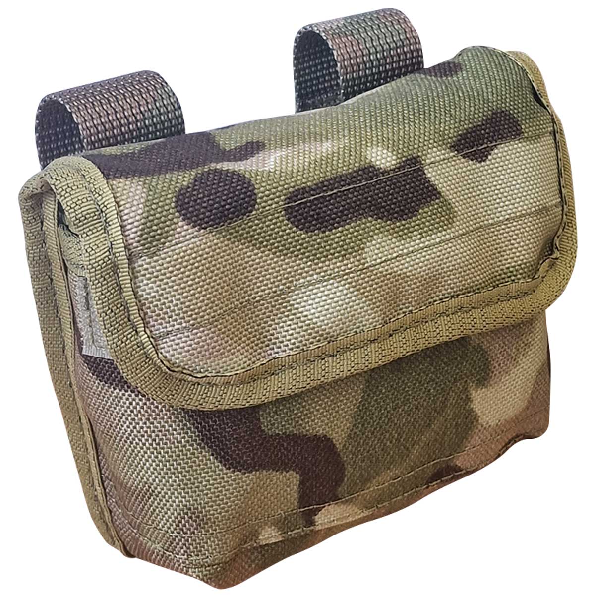 front angle of marauder survival tin pouch molle mtp camo