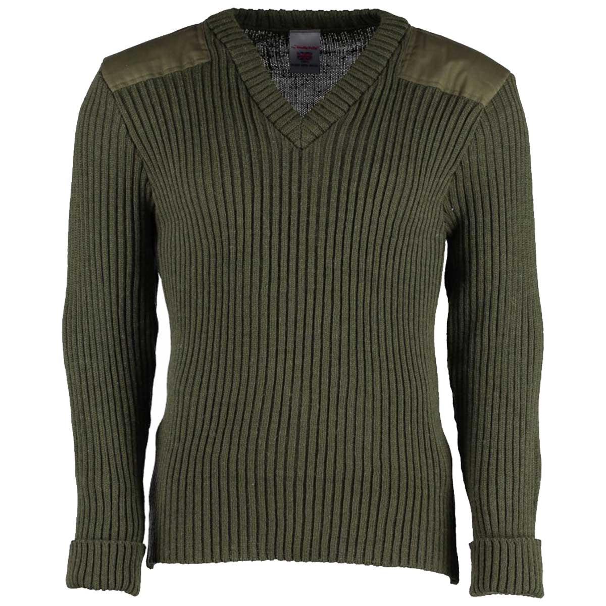 front of woolly pully nato v-neck jumper with patches olive