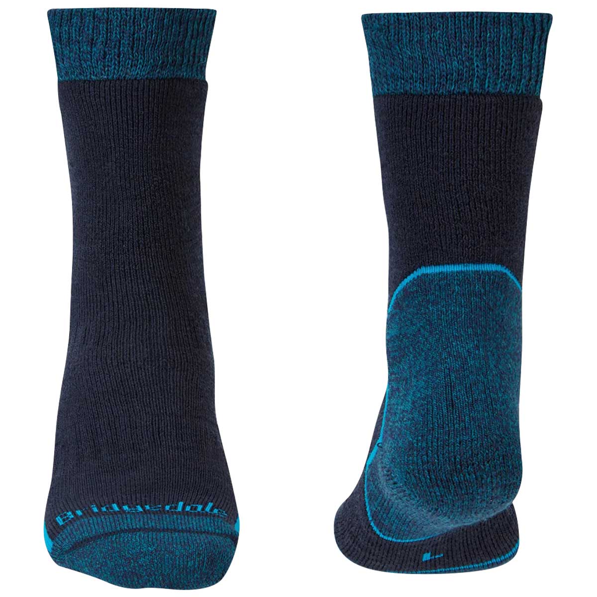 front rear of navy bridgedale explorer heavyweight merino comfort boot sock