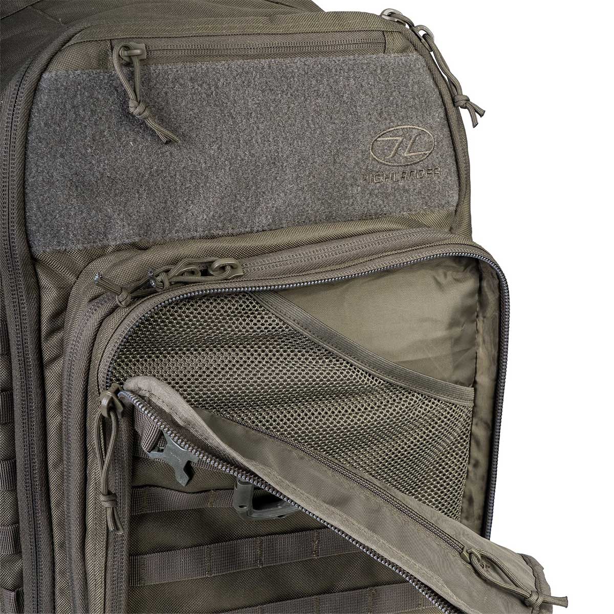 front velcro panel on highlander 45l v2 ranger green harrier full clamshell rucksack