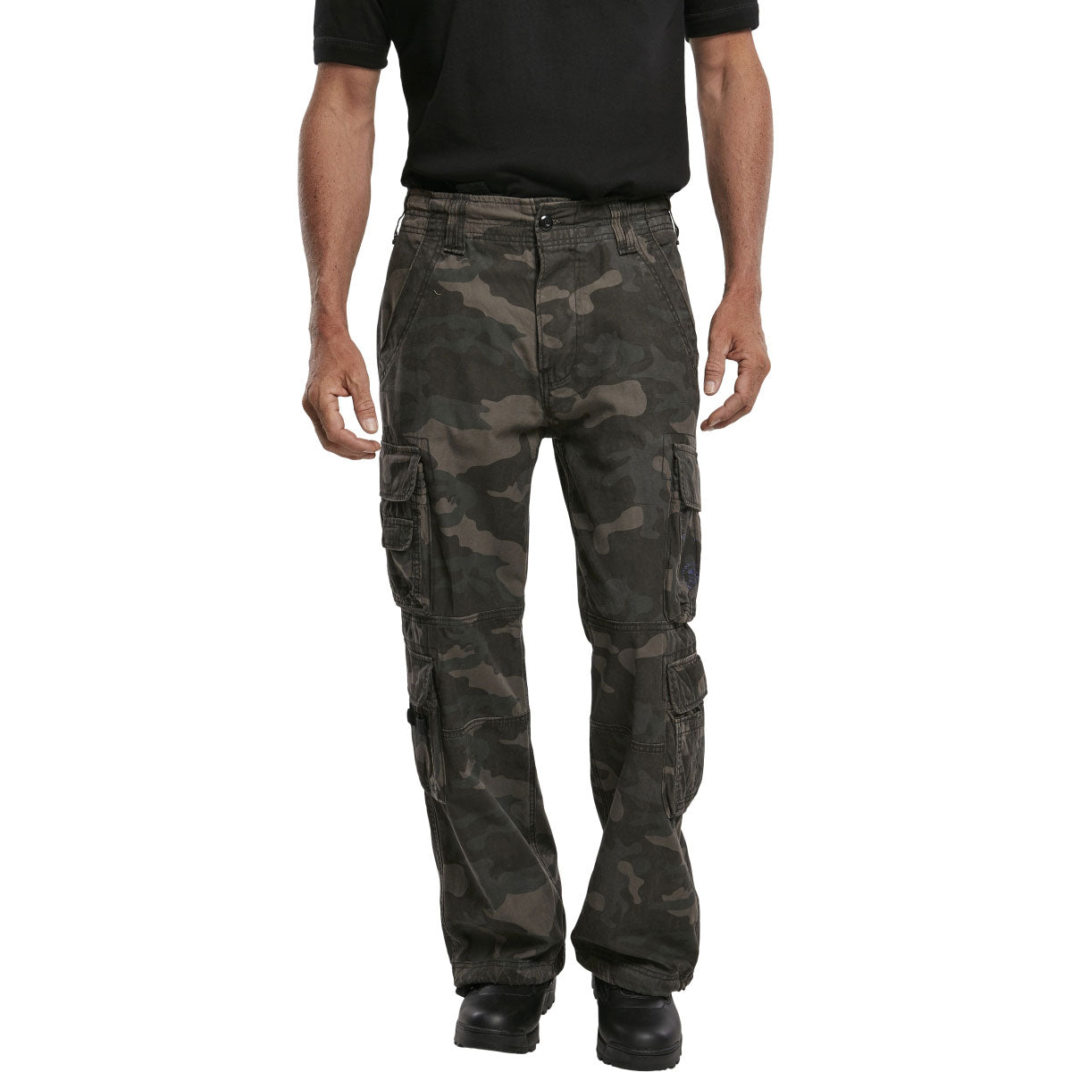 front view of brandit pure vintage dark camo trousers
