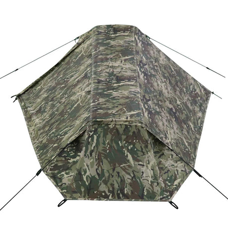 front view of highlander blackthorn hmtc camo 1 plus gen2 one person tent