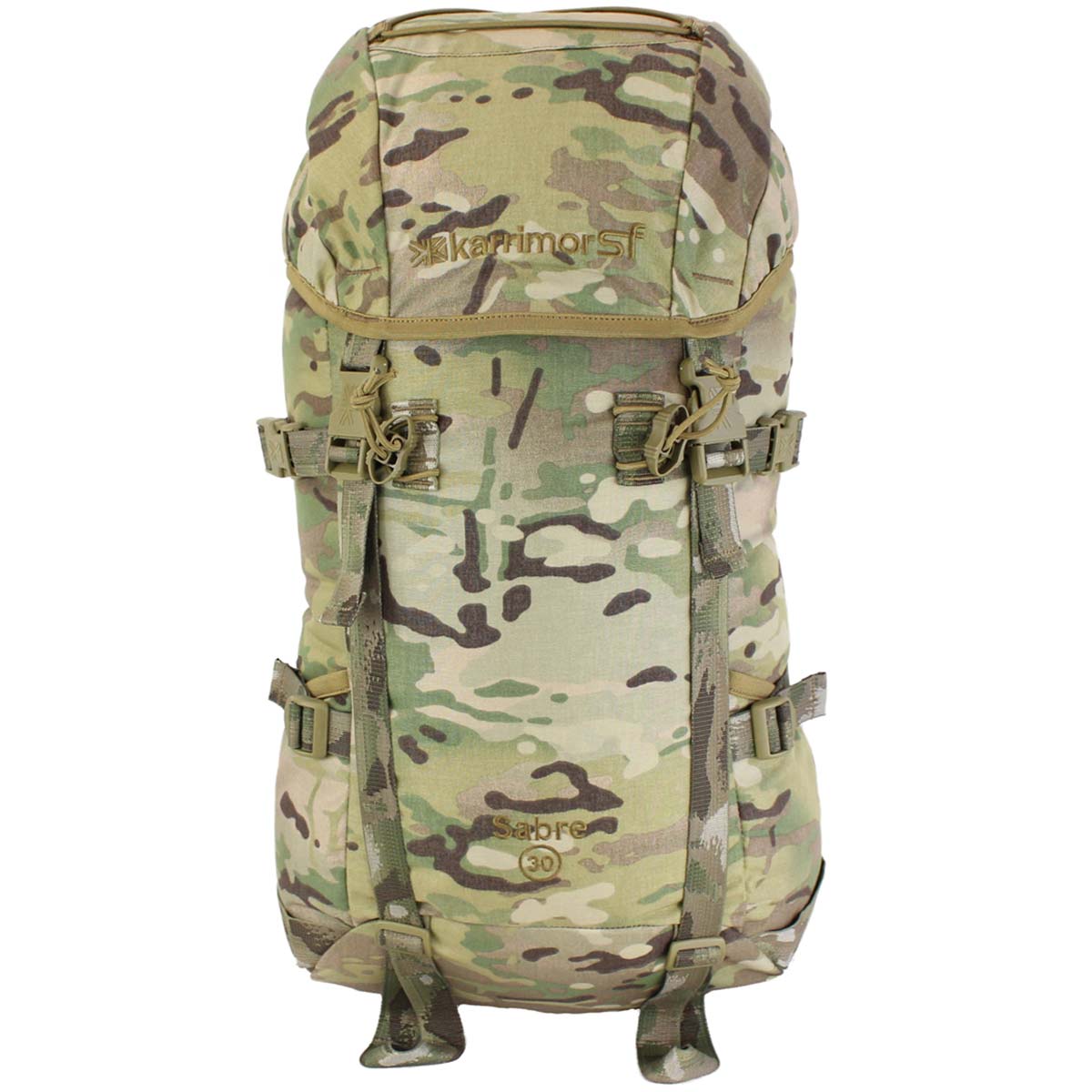 front view of karrimor sf sabre 30 litre rucksack camouflage