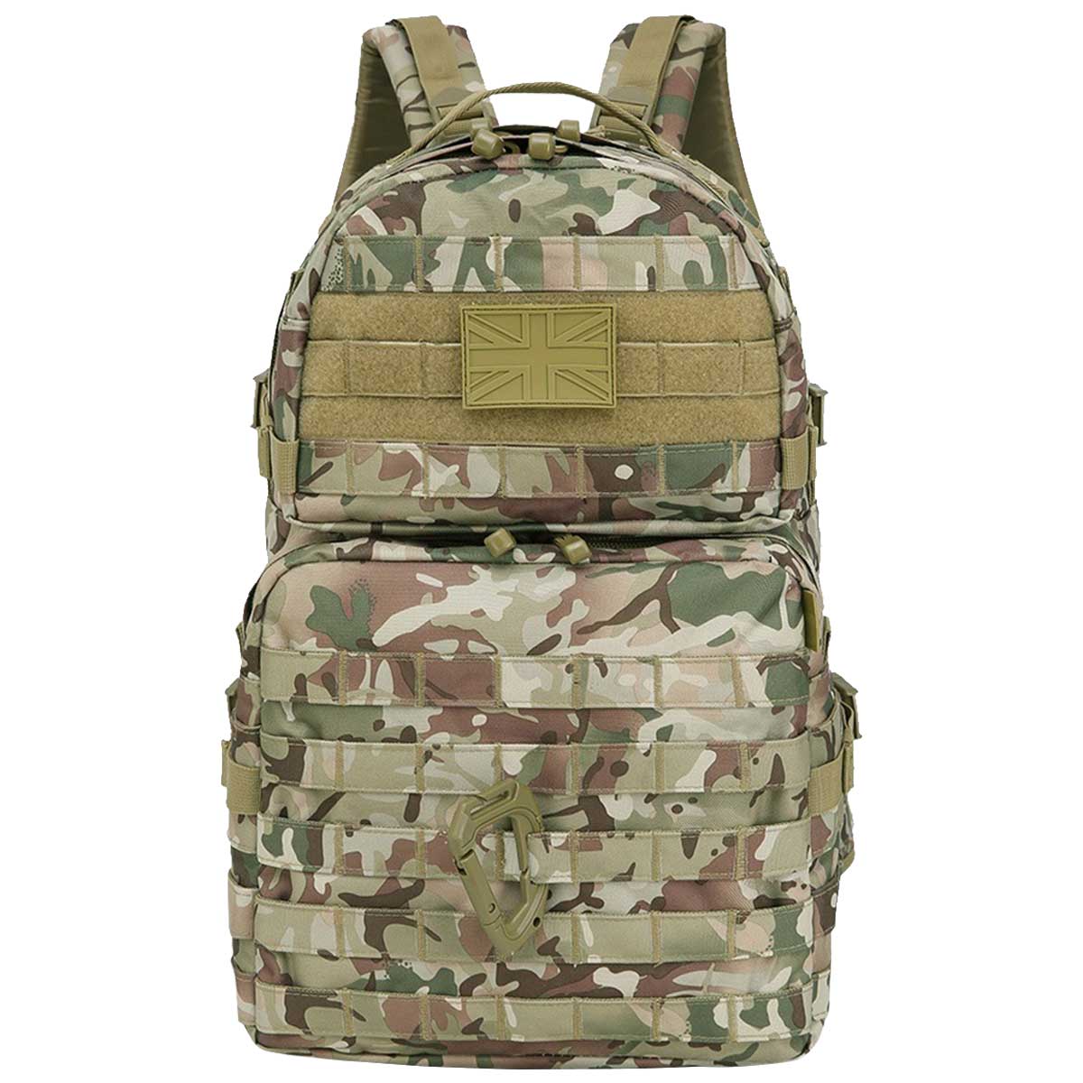 front view of kombat 40l molle btp camo assault pack rucksack