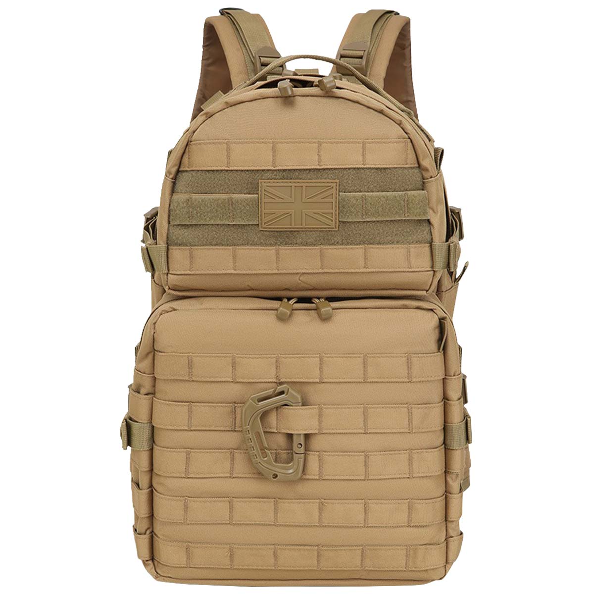 front view of kombat 40l molle coyote assault pack