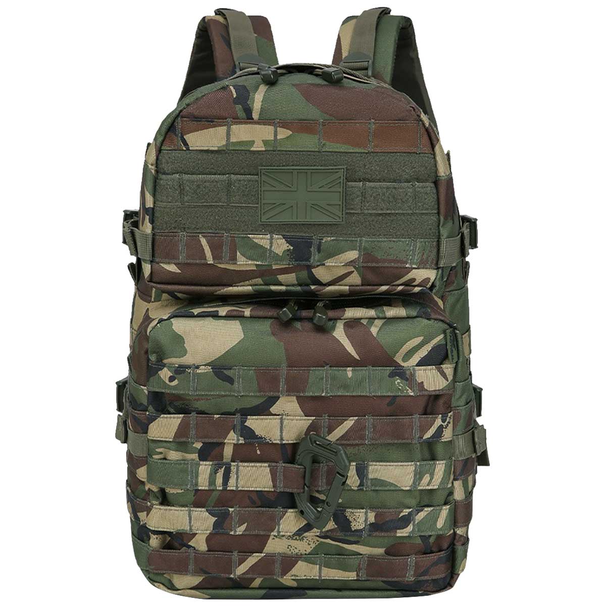 front view of kombat 40l molle dpm camo assault pack rucksack