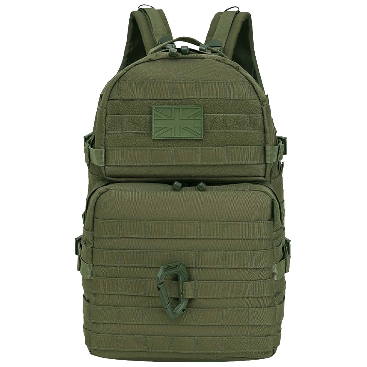 front view of kombat 40l molle olive green assault pack rucksack