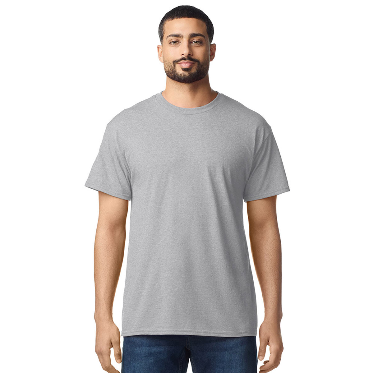 front view model wearing mens gildan short sleeve heavy cotton tshirt sports grey