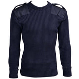 front view of navy army wool commando jumper with epaulettes