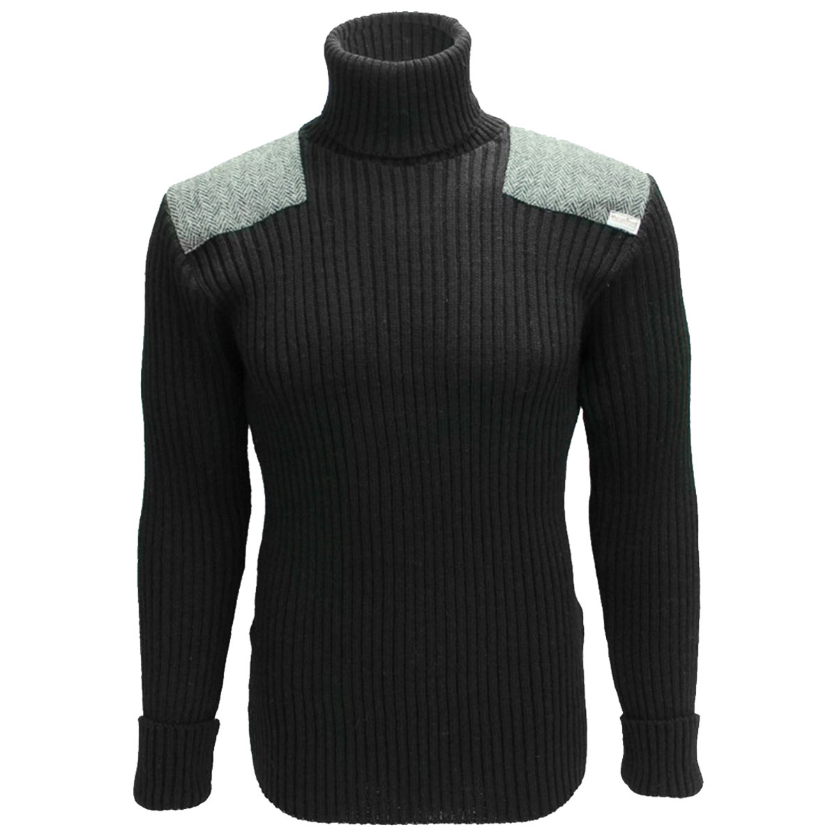 ghillie roll neck woolly pully sweater with harris tweed patches black