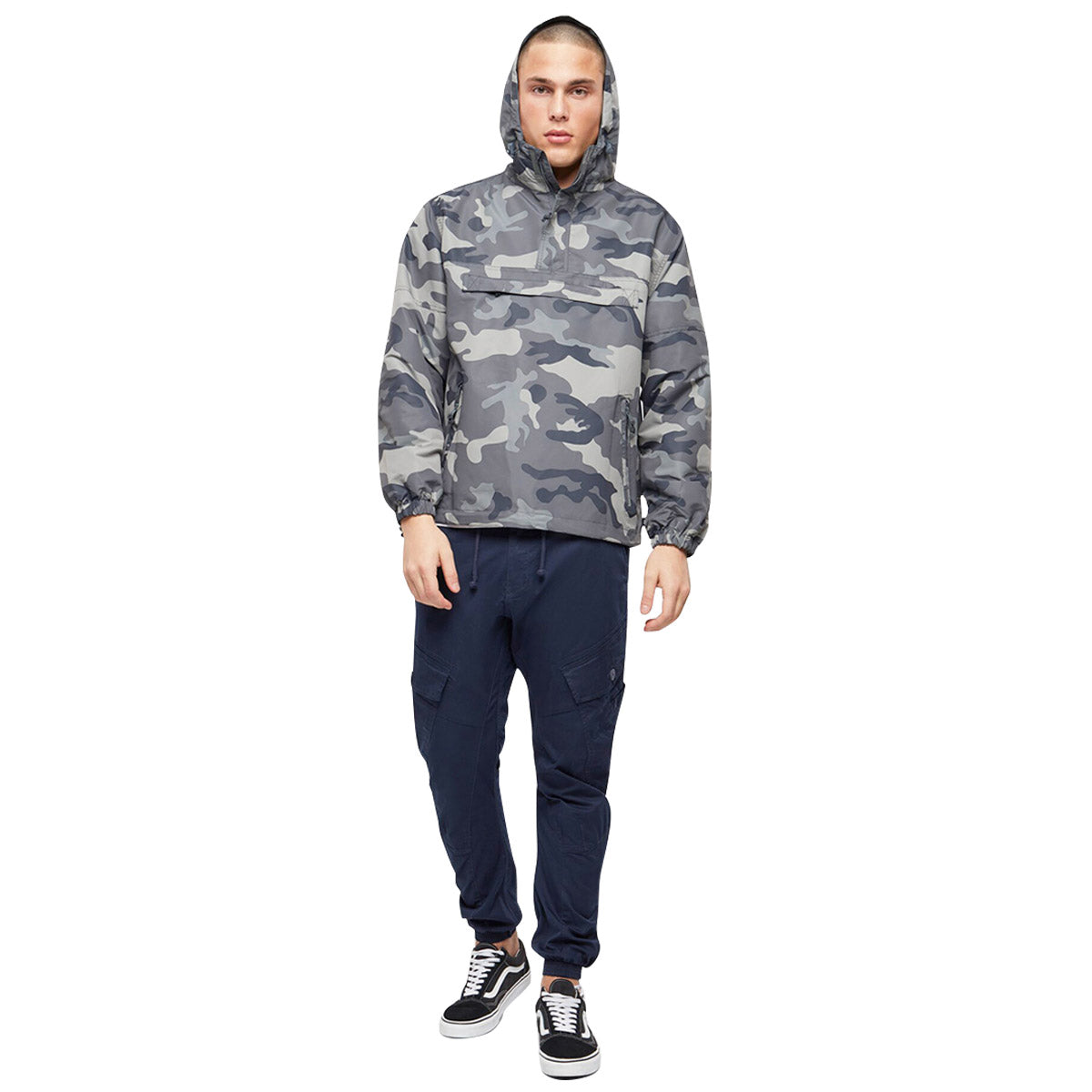 grey camo brandit summer windbreaker with hood up