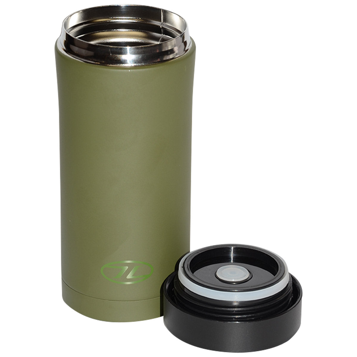 highlander olive stainless steel sealed thermal mug with lid off