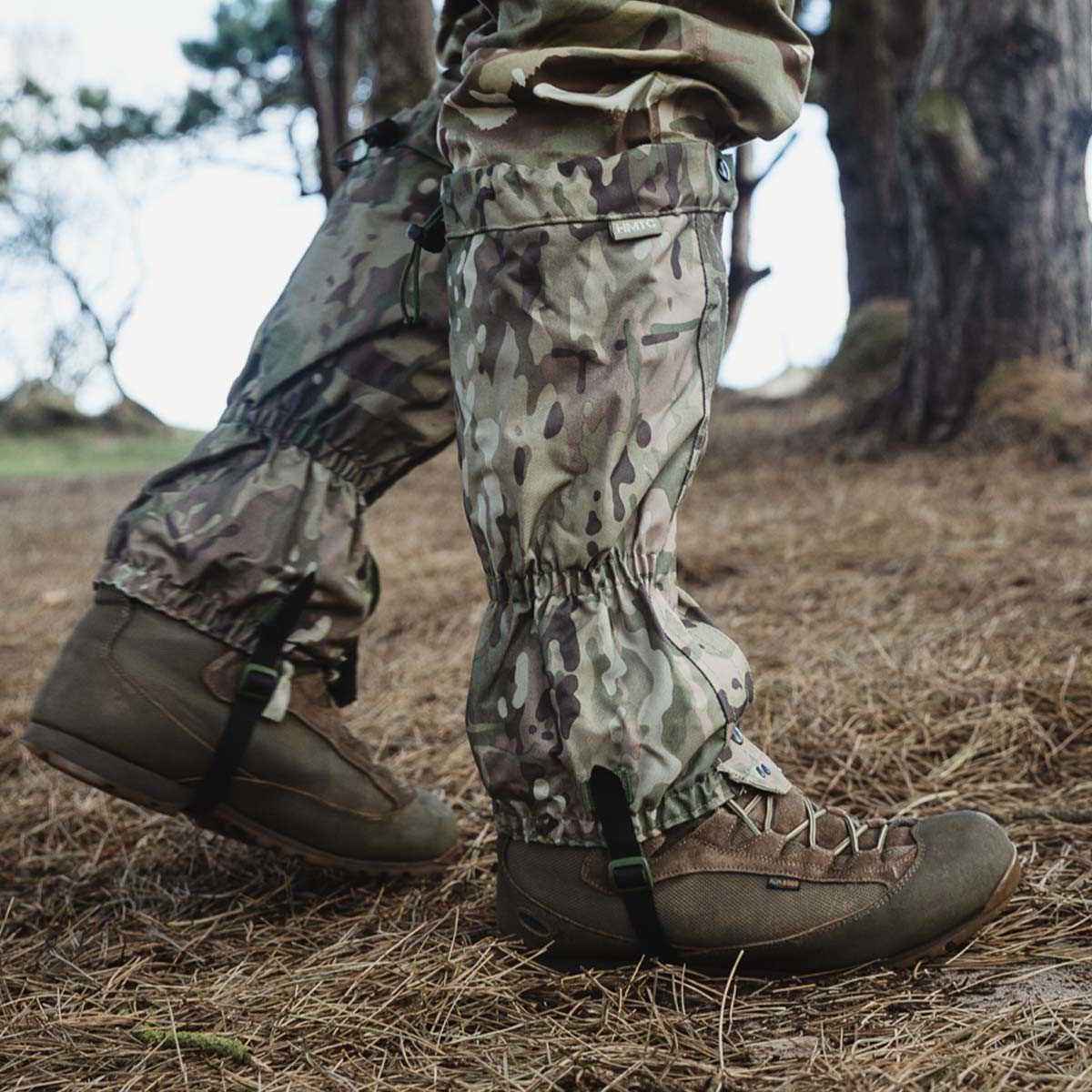 hmtc camo highlander tactical gaiters worn outdoors