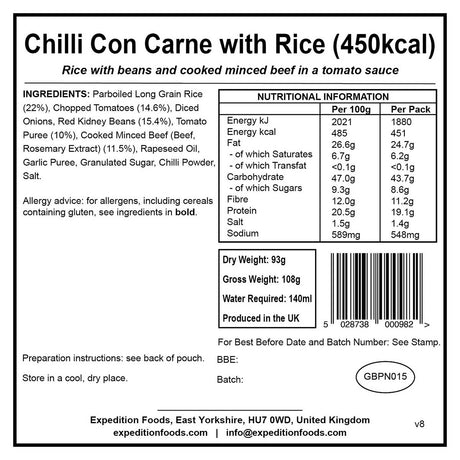 information label for chilli con carne with rice 450kcal