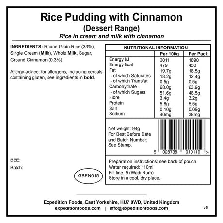 information label for expedition foods rice pudding with cinnamon dessert