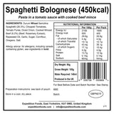 information label for expedition foods spaghetti bolognese 450kcal
