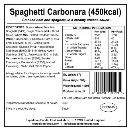 information label for expedition foods spaghetti carbonara 450kcal