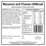 information label for expedition foods macaroni and cheese 450kcal