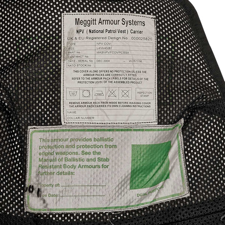 inner label on used meggitt npv overt stab vest bulletproof stab vest