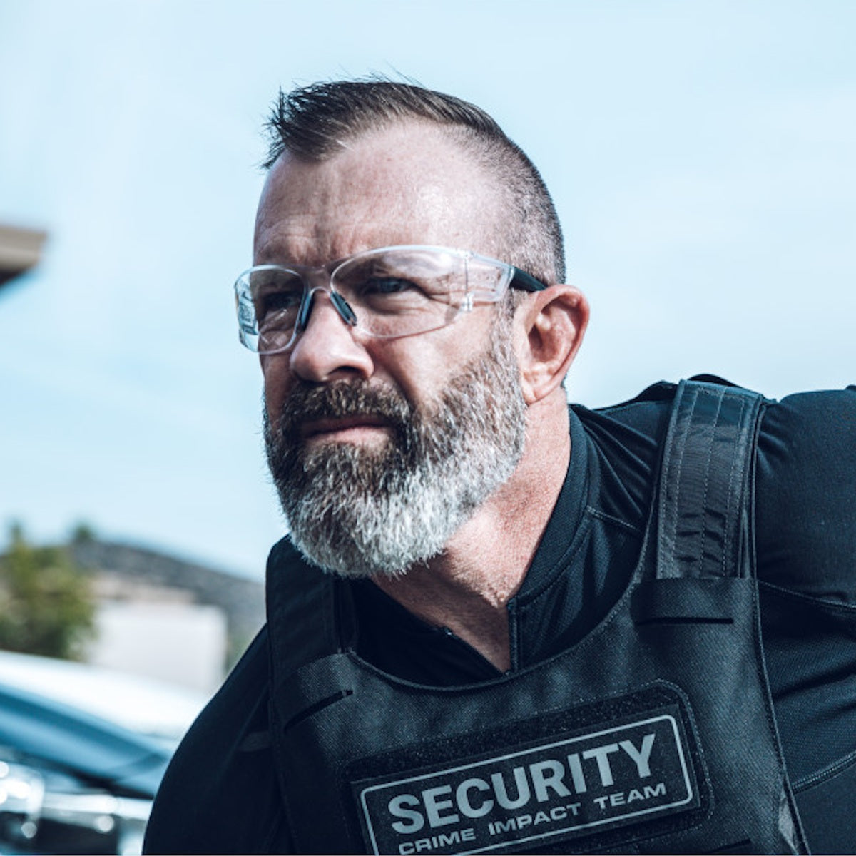 mechanix type n ballistic safety glasses clear lens being worn