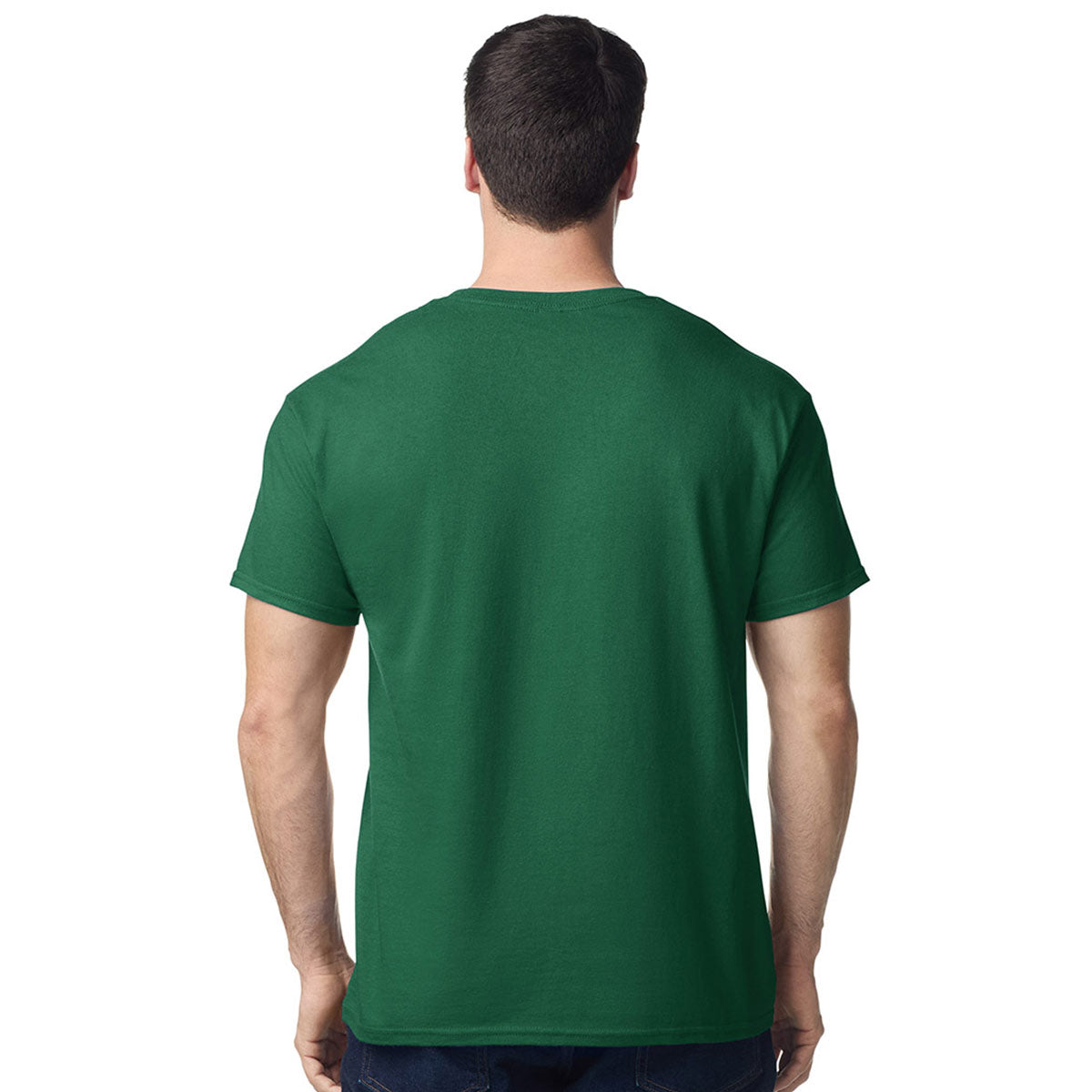 model wearing mens gildan short sleeve heavy cotton tshirt forest green