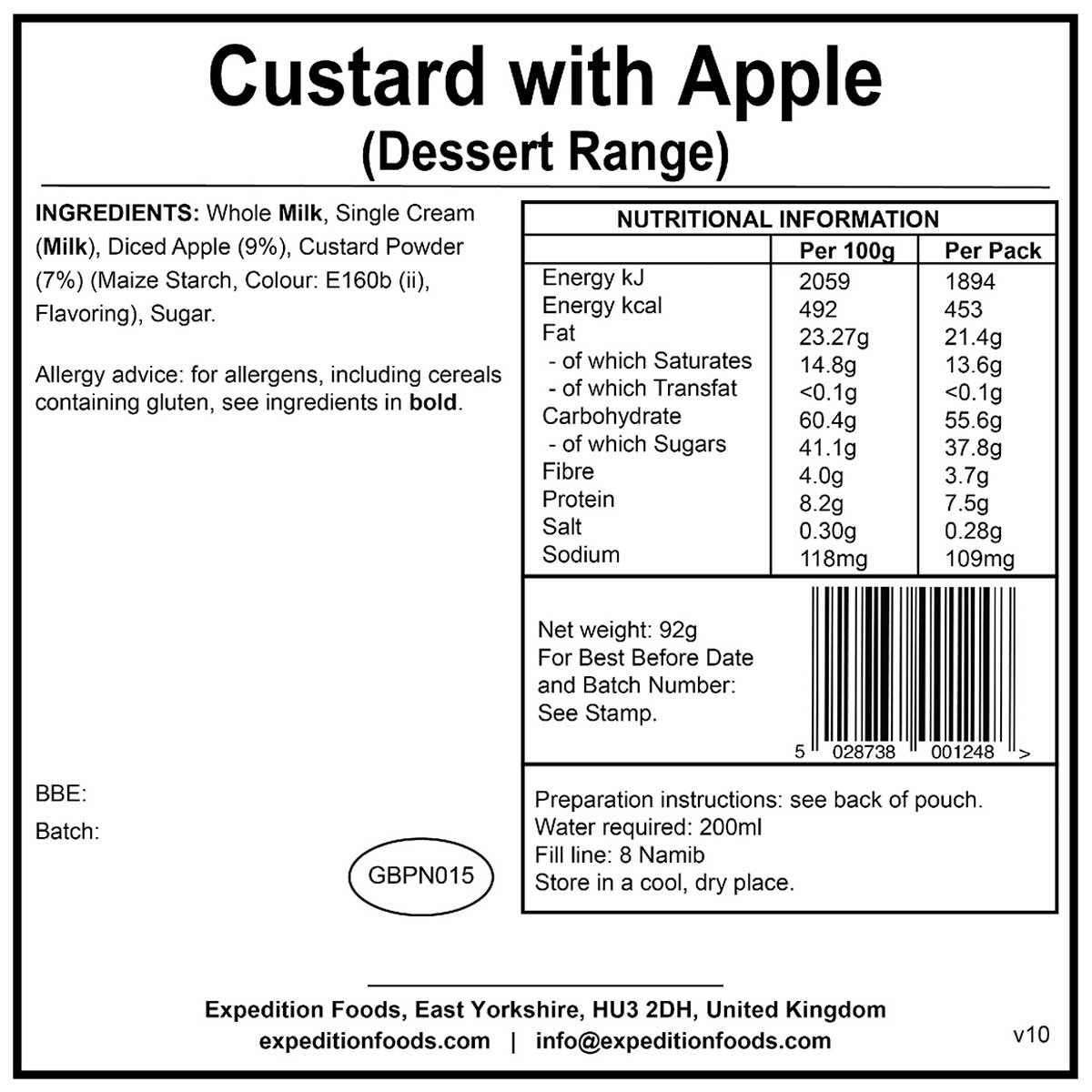 nutrition information of custard with apple 450kcal expedition foods