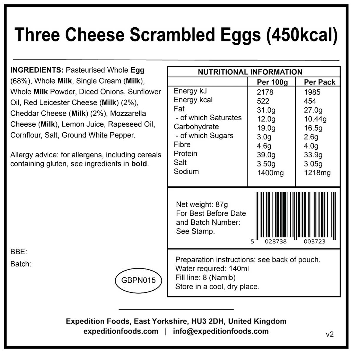 nutrition information of three cheese scrambled eggs 450kcal expedition foods