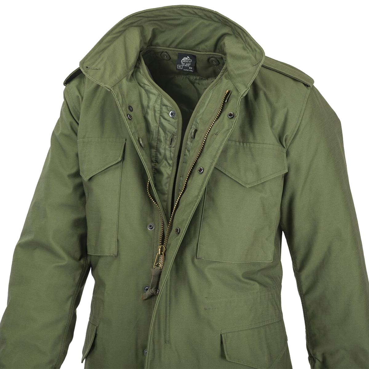 olive green helikon m65 jacket nyco sateen full zip and press stud closure