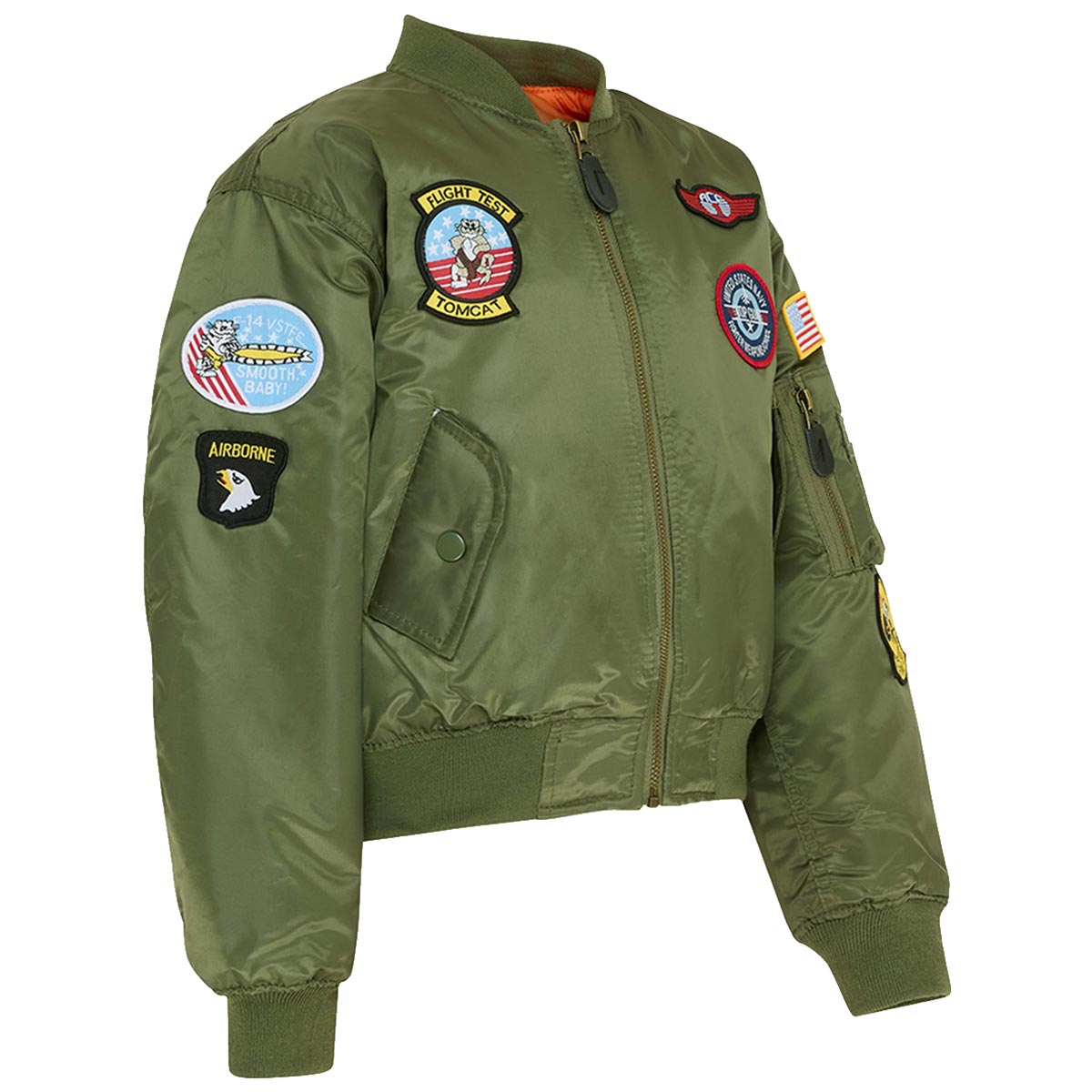 olive green kombat kids ma1 jacket with multiple badges