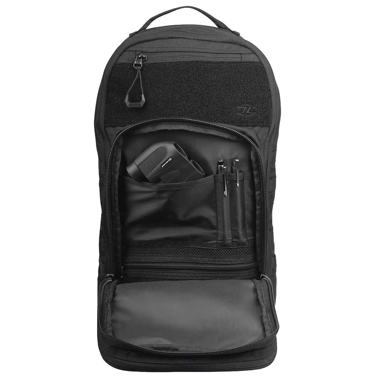 open front pocket of black highlander harrier 25l full clamshell pack