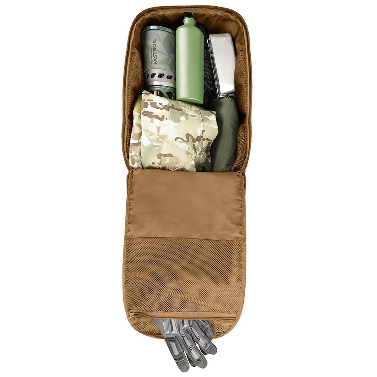 open main compartment of highlander 45l harrier full clamshell coyote tan pack