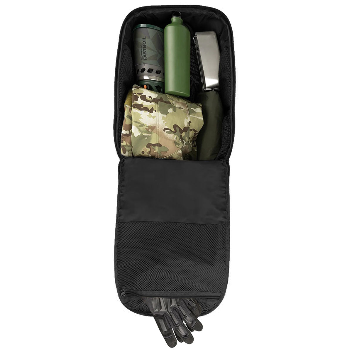 open main compartment of highlander black 45l harrier full clamshell pack
