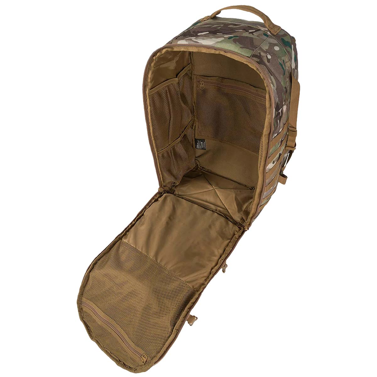open main compartment of highlander camouflage 45l harrier full clamshell pack