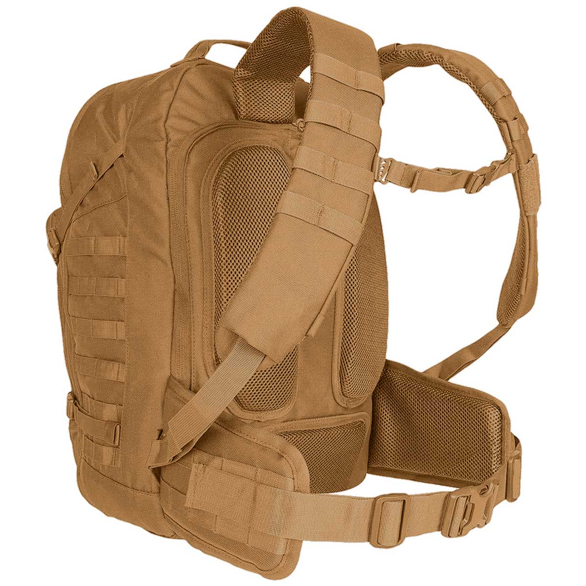 padded shoulder straps on coyote tan 35l highlander harrier full clamshell pack