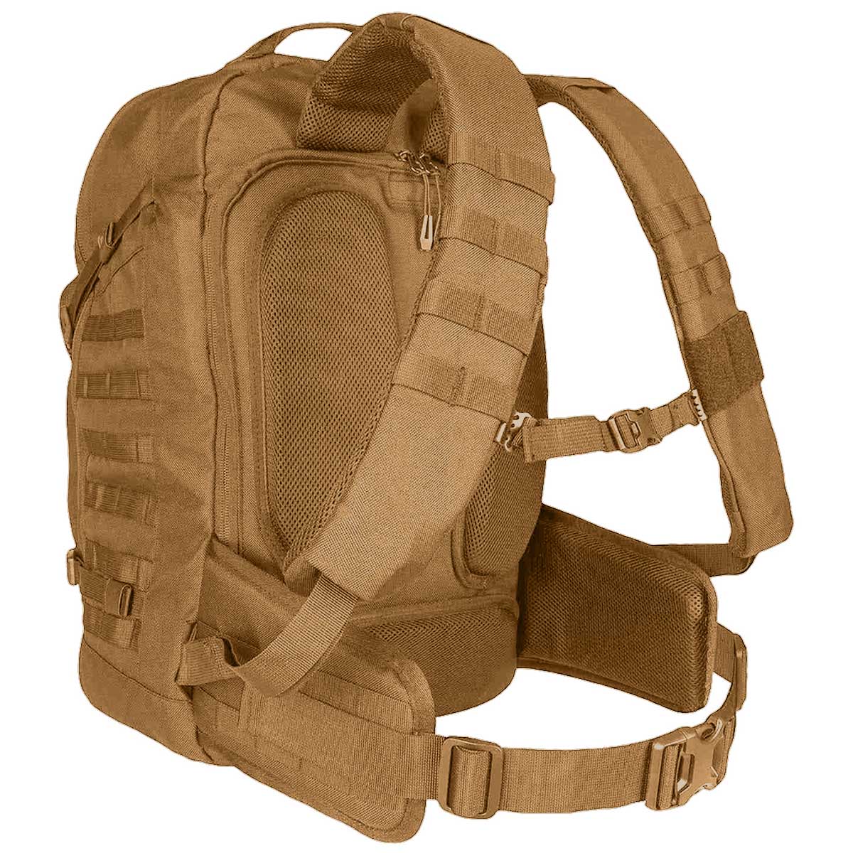 padded shoulder straps on coyote tan 45l highlander harrier full clamshell pack